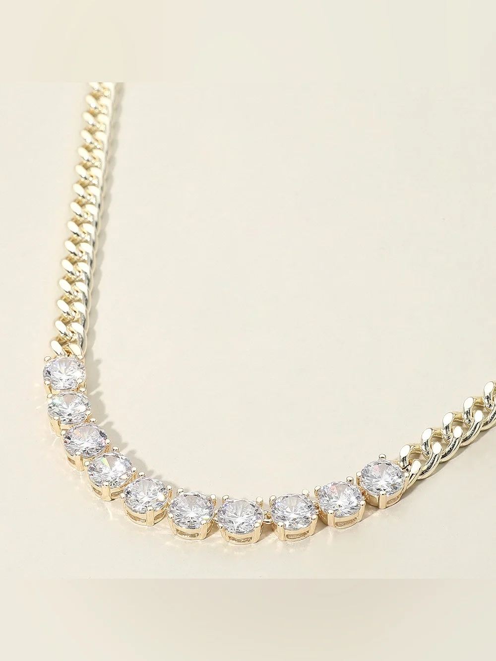 14K Gold Plated Round-Cut Solitaire CZ Stone Link Necklace